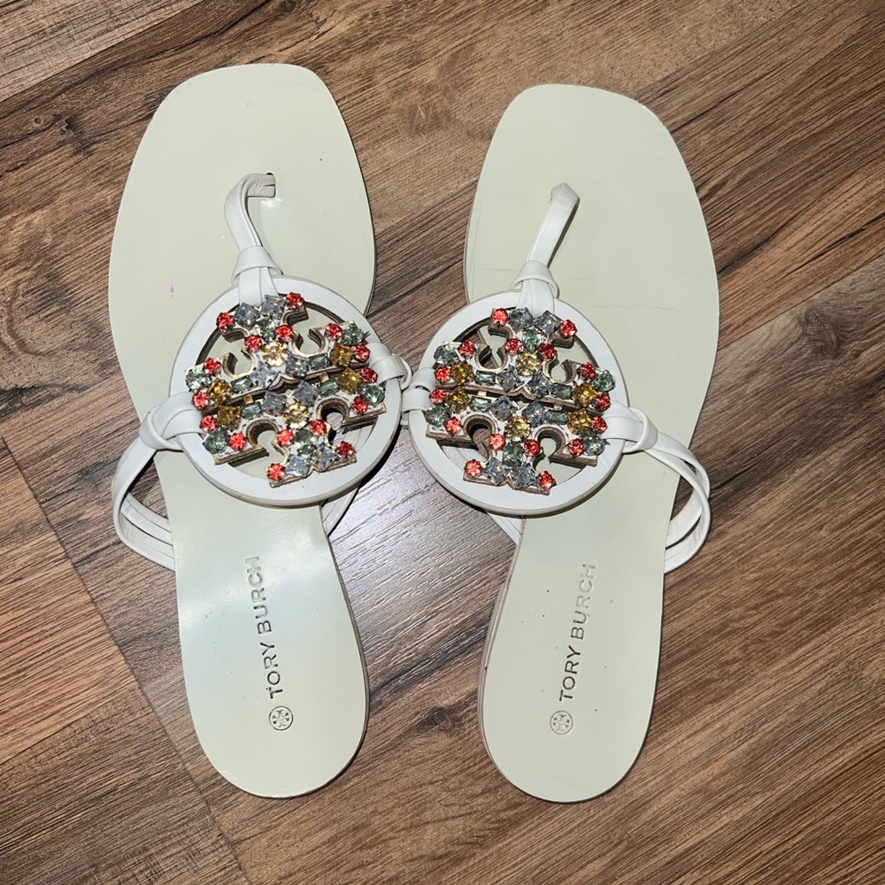 Tory Burch White Sandals with Red and Yellow Floral Details